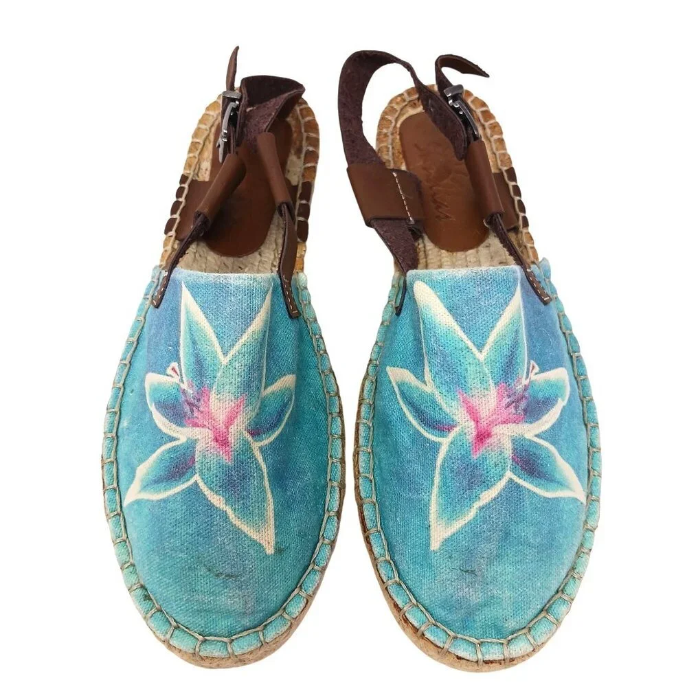 Sundias Espadrille Sandals Floral Canvas Leather Straps Size EU 38